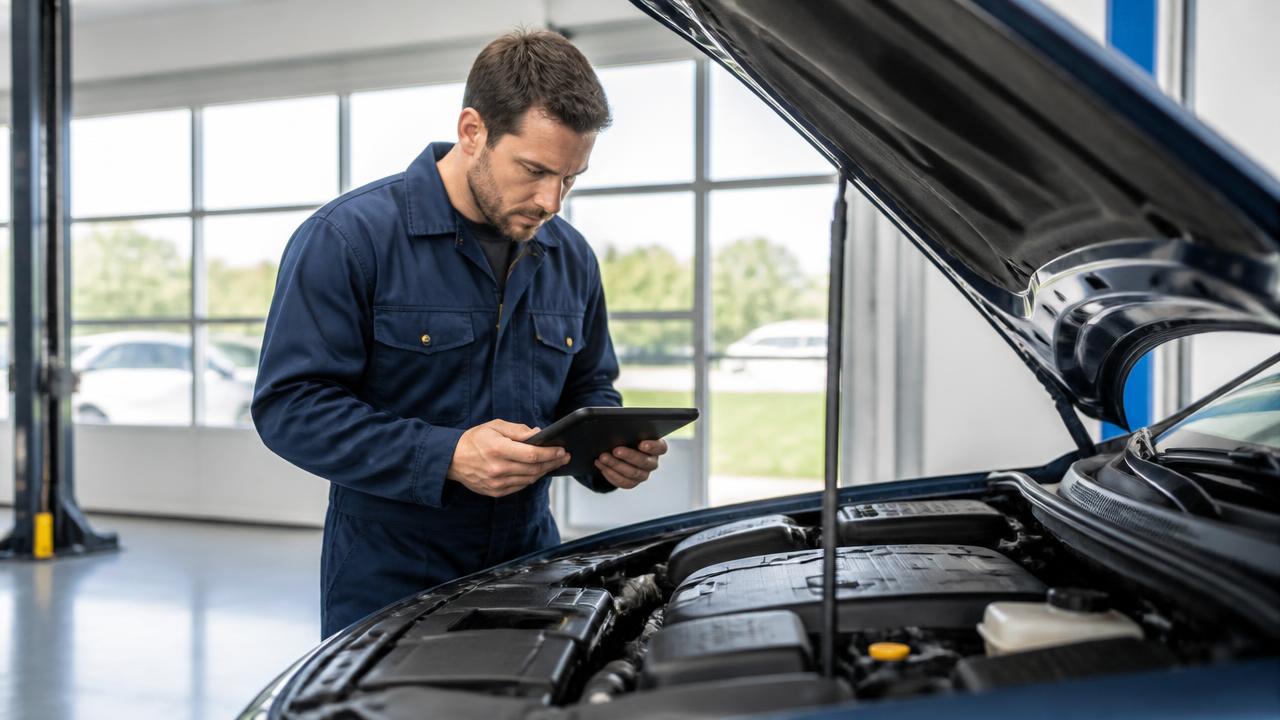 Τεχνικός της AutoGrats ελέγχει μεταχειρισμένο αυτοκίνητο με διαγνωστικό tablet